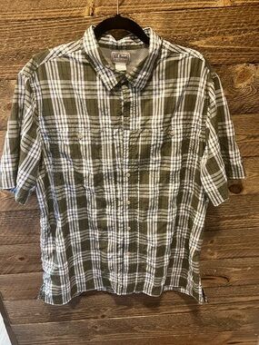 L.L. Bean Olive and White Plaid Short-Sleeve Button-Down Shirt